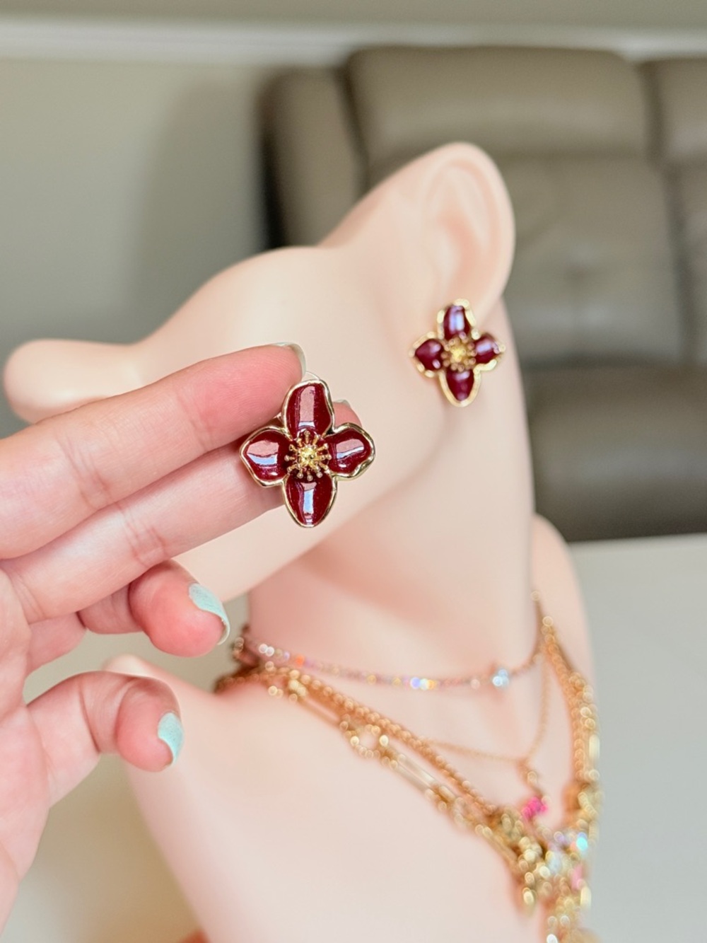 Gold and Burgundy Flower Stud Earrings - Picture 5 of 13